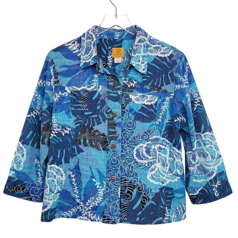Ruby Rd Floral Denim Jacket 100% Cotton 3/4 Sleeves Womens Size 16 Petite